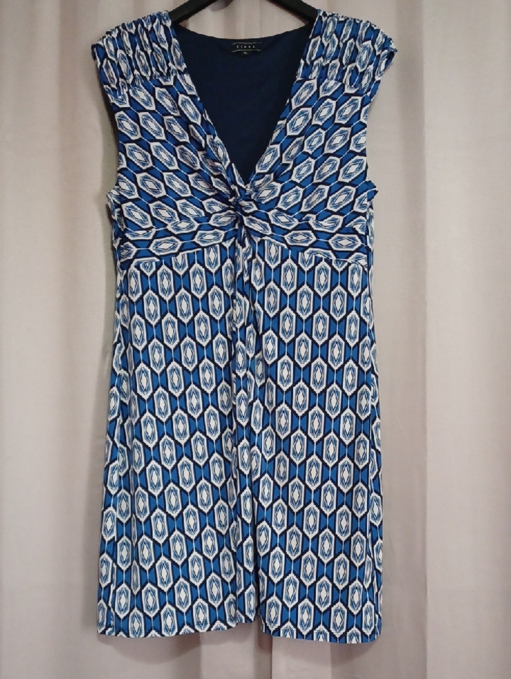 Kiara Twist-Knot Sheath Geometric Print Mini Dress Stretch Knit Blue White